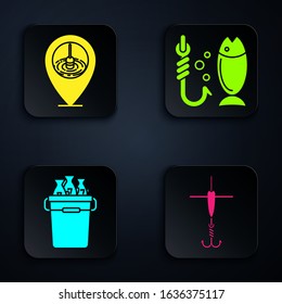Set Fishing hook and float, Location fishing, Fishing bucket with fishes and Fishing. Black square button. Vector