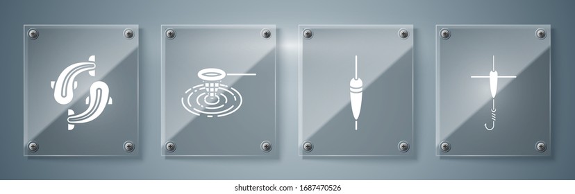 Set Fishing hook and float, Fishing float, Fishing net in water and Fish. Square glass panels. Vector