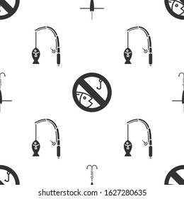 Set Fishing hook and float, No fishing and Fishing rod and fish on seamless pattern. Vector
