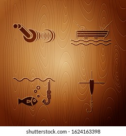 Set Fishing hook and float, Spinning reel for fishing, hook under water with fish and boat with fishing rod on water on wooden background. Vector