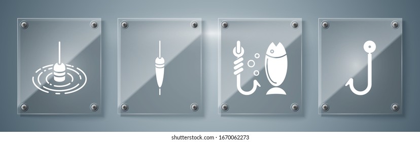 Set Fishing hook, Fishing, Fishing float and Fishing float in water. Square glass panels. Vector