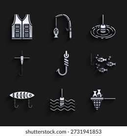 Conjunto de anzuelo de pesca, agua flotante, red con peces, debajo, señuelo y chaqueta icono. Vector