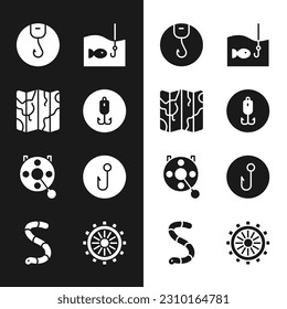 Set Fishing hook, Folded map, with fish, Spinning reel for fishing, Ship steering wheel and Worm icon. Vector
