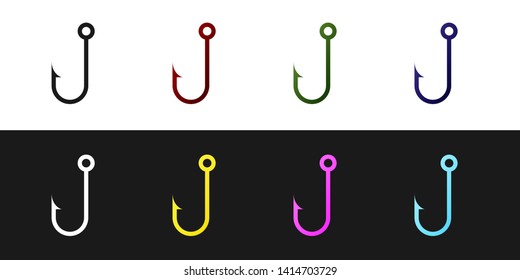 Set Fishing hook icon isolated on black and white background. Vector Illustration