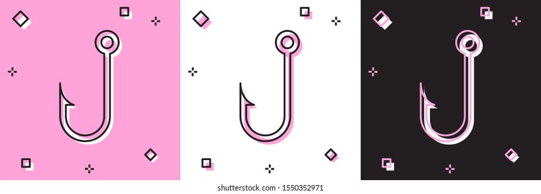 Set Fishing hook icon isolated on pink and white, black background.  Vector Illustration