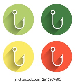 Set Fishing hook icon isolated with long shadow background. Fishing tackle. Color circle button. Vector