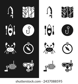 Set Fishing hook, Kayak or canoe, rod, Folded map, Crab, Compass, Diving mask and snorkel and Spinning reel for fishing icon. Vector