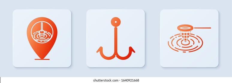 Set Fishing hook, Location fishing and Fishing net in water. White square button. Vector
