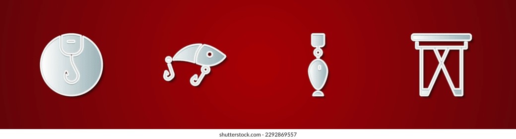 Set Fishing hook, lure, spoon and Folding chair icon. Vector