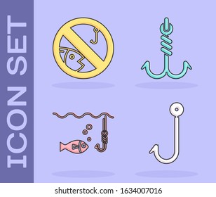 Set Fishing hook, No fishing, Fishing hook under water with fish and Fishing hook icon. Vector