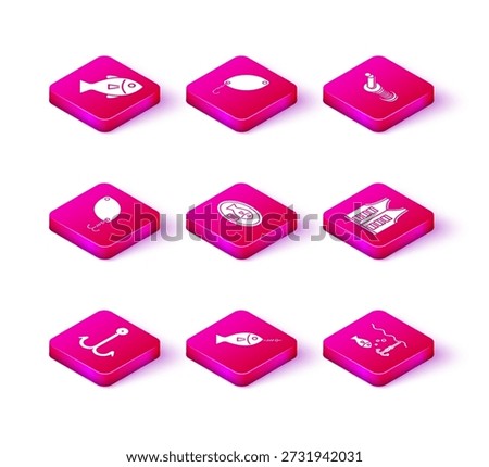 Set Fishing hook, on, spoon, trophy hanging the board, under water with fish, jacket, Spinning reel for fishing and  icon. Vector