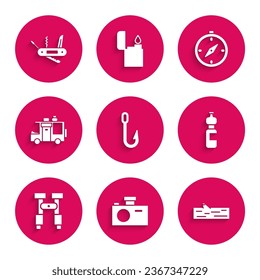 Set Fishing hook, Photo camera, Wooden log, Bottle of water, Binoculars, Rv Camping trailer, Compass and Swiss army knife icon. Vector