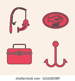 Set Fishing hook, Fishing rod and fish, Fish trophy hanging on the board and Case or box container for wobbler and gear fishing equipment icon. Vector