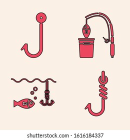 Set Fishing hook, Fishing hook, Fishing rod and fish and Fishing hook under water with fish icon. Vector