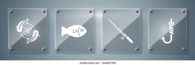 Ponga gancho de pesca, caña de pesca, pescado y pescado. Paneles de vidrio cuadrado. Vector