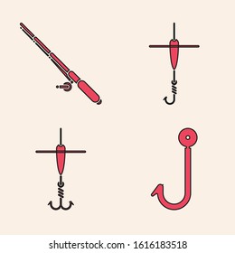 Set Fishing hook, Fishing rod, Fishing hook and float and Fishing hook and float icon. Vector