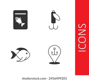Set Fishing hook, Served fish on plate,  and lure icon. Vector