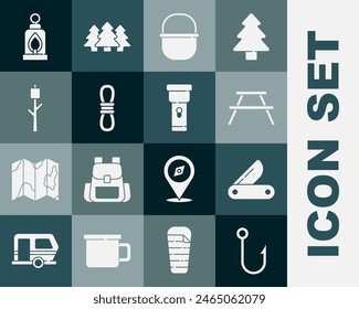 Set Fishing hook, Swiss army knife, Picnic table with benches, Camping pot, Climber rope, Marshmallow on stick, lantern and Flashlight icon. Vector