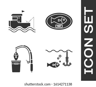 Set Fishing hook under water with fish, Fishing boat with fishing rod on water, Fishing rod and fish and Fish trophy hanging on the board icon. Vector