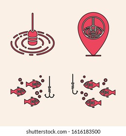 Set Fishing hook under water with fish, Fishing float in water, Location fishing and Fishing hook under water with fish icon. Vector