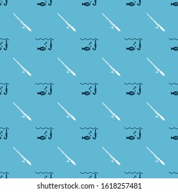 Set Fishing hook under water with fish and Fishing rod on seamless pattern. Vector