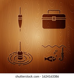 Set Fishing hook under water with fish, Fishing float, Fishing float in water and Case or box container for wobbler and gear fishing equipment on wooden background. Vector