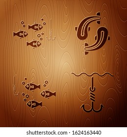 Set Fishing hook under water, Fishing hook under water with fish, Fishing hook under water with fish and Fish on wooden background. Vector