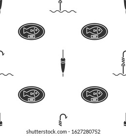 Set Fishing hook under water, Fishing float and Fish trophy hanging on the board on seamless pattern. Vector