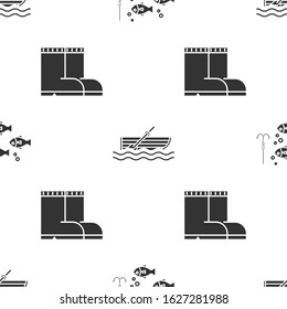 Set Fishing hook under water with fish, Fishing boat with oars on water and Fishing boots on seamless pattern. Vector