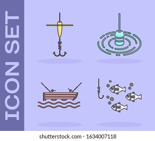 Set Fishing hook under water with fish, Fishing hook and float, Fishing boat with rod on water icon. Vector