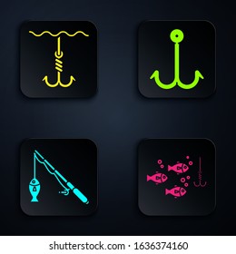 Set Fishing hook under water with fish, Fishing hook under water, Fishing rod and fish and Fishing hook. Black square button. Vector