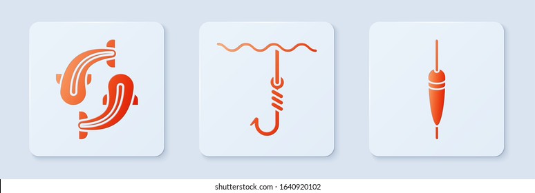 Set Fishing hook under water, Fish and Fishing float. White square button. Vector