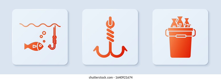 Set Fishing hook, Fishing hook under water with fish and Fishing bucket with fishes. White square button. Vector
