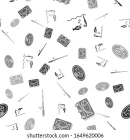 Set Fishing hook under water with fish, Calendar with a fish, Fish trophy hanging on the board and Fishing rod on seamless pattern. Vector