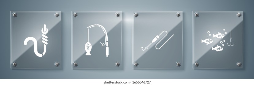Set Fishing hook under water with fish, Fishing line with hook and float, Fishing rod and fish and Fishing hook and worm. Square glass panels. Vector
