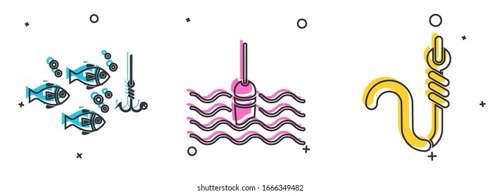 Set Fishing hook under water with fish, Fishing float in water and Fishing hook and worm icon. Vector