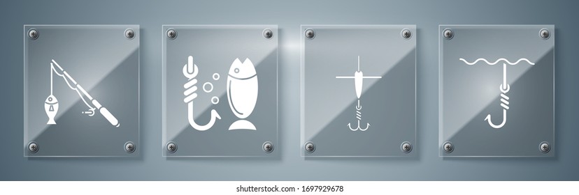 Set Fishing hook under water, Fishing hook and float, Fishing and Fishing rod and fish. Square glass panels. Vector