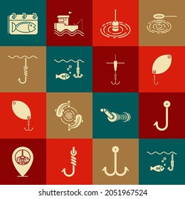 Set Fishing hook under water with fish, spoon, float, Calendar and and icon. Vector