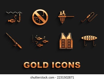 Set Fishing hook under water with fish, line and float, lure, jacket, rod, net,  and No fishing icon. Vector