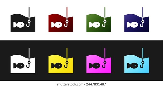 Set Fishing hook under water with fish icon isolated on black and white background. Fishing tackle.  Vector