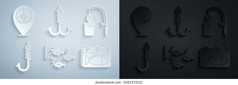 Set Fishing hook under water with fish, rod and, Calendar,  and Location fishing icon. Vector