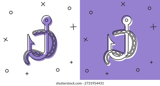 Set Fishing hook and worm icon isolated on white and purple background. Fishing tackle.  Vector