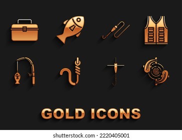 Ponga el anzuelo y el gusano de pesca, la chaqueta, el flotador, el pez varilla, la línea con, el recipiente de la caja de mallas para el equipo de pesca de los aparejos de trabajo y el icono. Vector