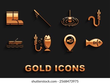 Set Fishing, hook and worm, Location fishing, boat with oars water, float, boots and net icon. Vector