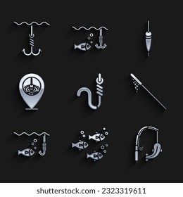 Set Fishing hook and worm, rod fish, net, under water with, Location fishing, float and  icon. Vector