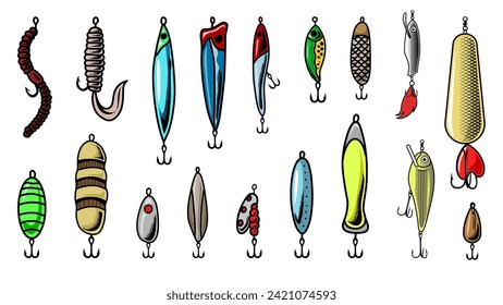 set of fishing hooks artificial bait, vector illustration