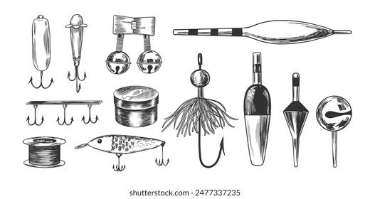 Set of fishing hooks, floats. Sketch style fishing bells, fishing line. Engraved illustrations of fishing equipment