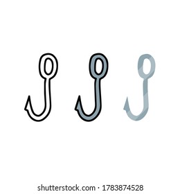 Set of fishing hooks and tackle. Fishhook in different styles. Hobbies and hunting. Rod element. Flat and cartoon illustration