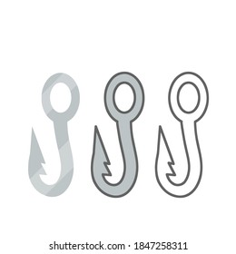 Set of fishing hooks and tackle. Fishhook in different styles. Hobbies and hunting. Rod element. Flat and cartoon illustration