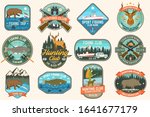 Set of Fishing and Hunting club patches. Vector Concept for shirt, print, stamp, patch. Patches with hunting gun, hunter, fish rod, fisher, river, forest. Outdoor fishing and hunting club emblem